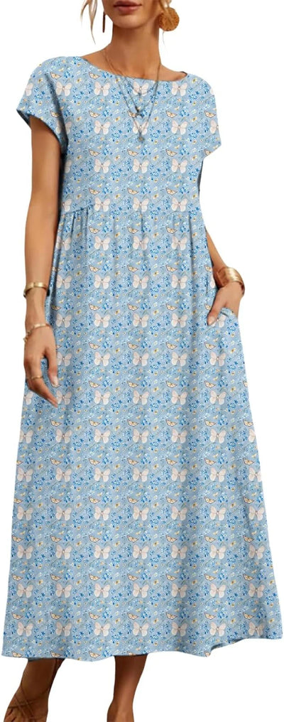 Women's Summer Dresses, Short Sleeves, Midi Casual Dresses with Pockets, Flowy T-Shirt Dresses, Floral Resort Beach Vest Dresses