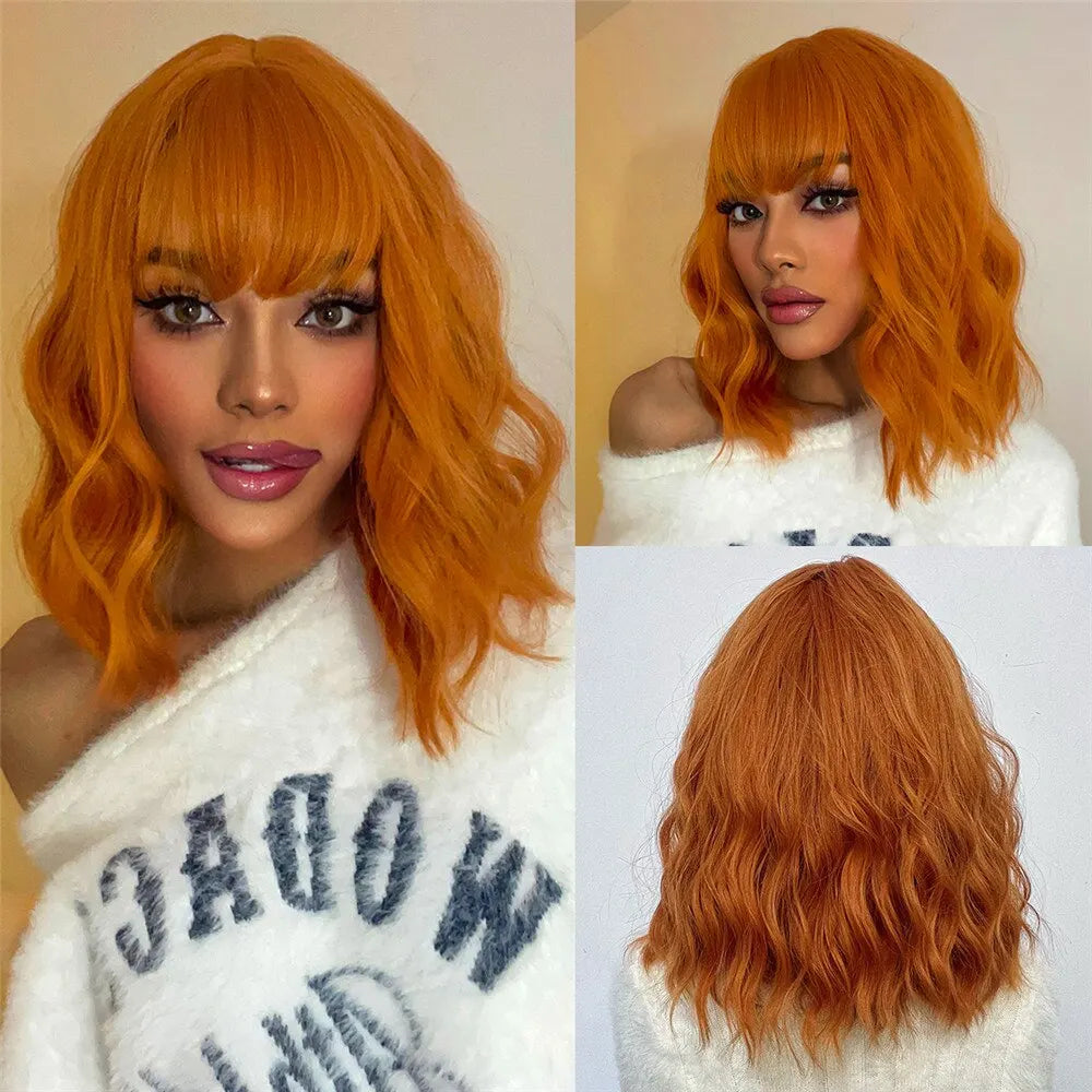 Short Wavy Bob Wigs for Women Dark Brown Bob Natural Synthetic Wig with Bangs for Girl Daily Cosplay Use Heat Resistant