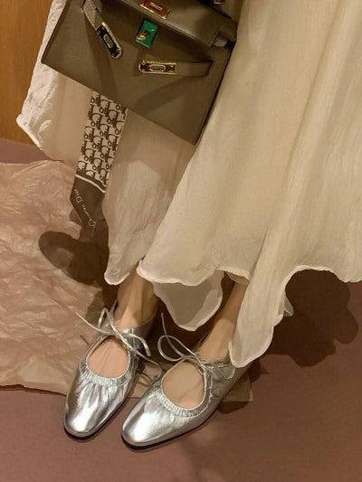 Women Ballet Leather Narrow Band Flat Shoes  Bling Silver,  Gold Footwear