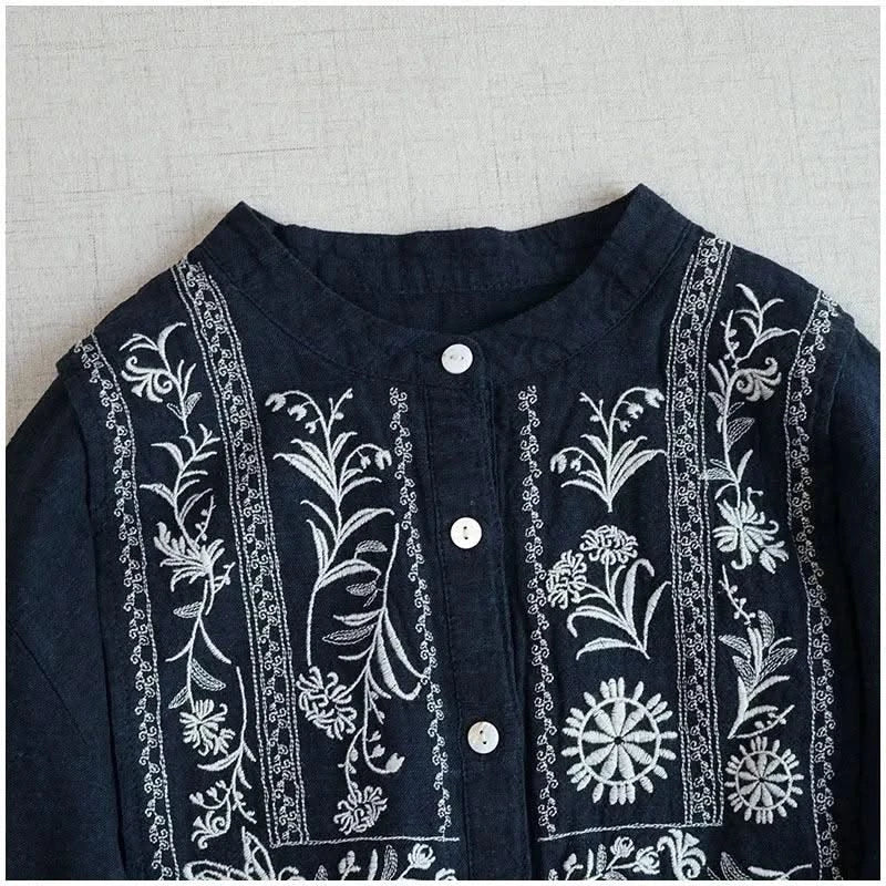 Cotton Linen Floral Embroidery Blouses Shirts For Women Tops Loose Oversize Lantern Long Sleeve Casual Boho Beach Summer Blusas