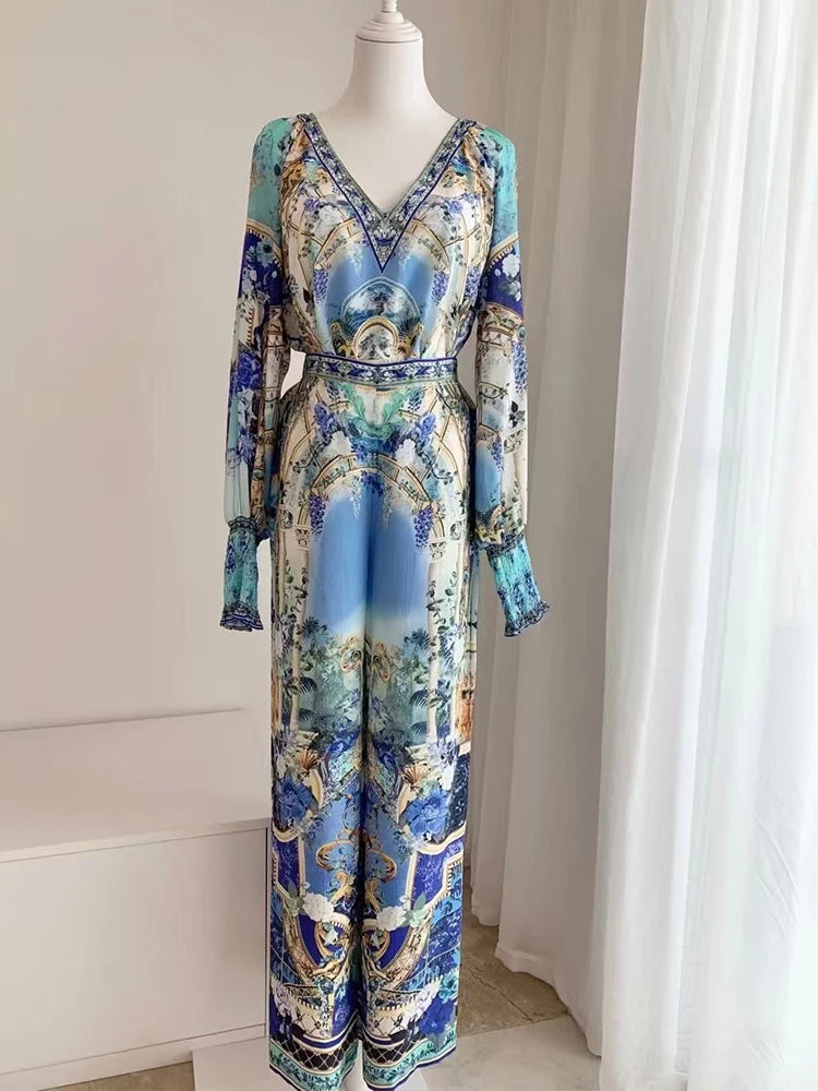 Retro women's V-neck beaded print long-sleeved Joker coat Spring and Autumn new two-piece suit+high-waist wide-leg trousers suit