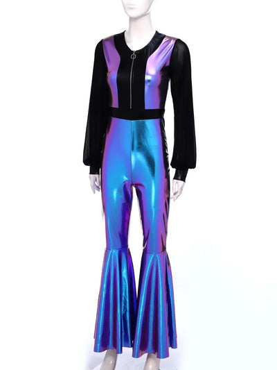 Womens Vintage 70s 80s Disco Dance Jumpsuit Mesh Long Sleeve Bell Bottom Pants Metallic Shiny Rompers Bodysuit Halloween Costume