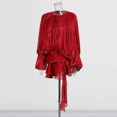 TWOTWINSTYLE Solid Spliced Lace Up Loose Dresses For Women O Neck Long Sleeve High Waist Temperament Dress Female Fashion New