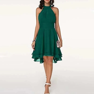 Women Elegant Dress Summer Solid High Waist Halter Sleeveless Midi Dresses Ladies Cropped Layered Chiffon Party Slim Dresses