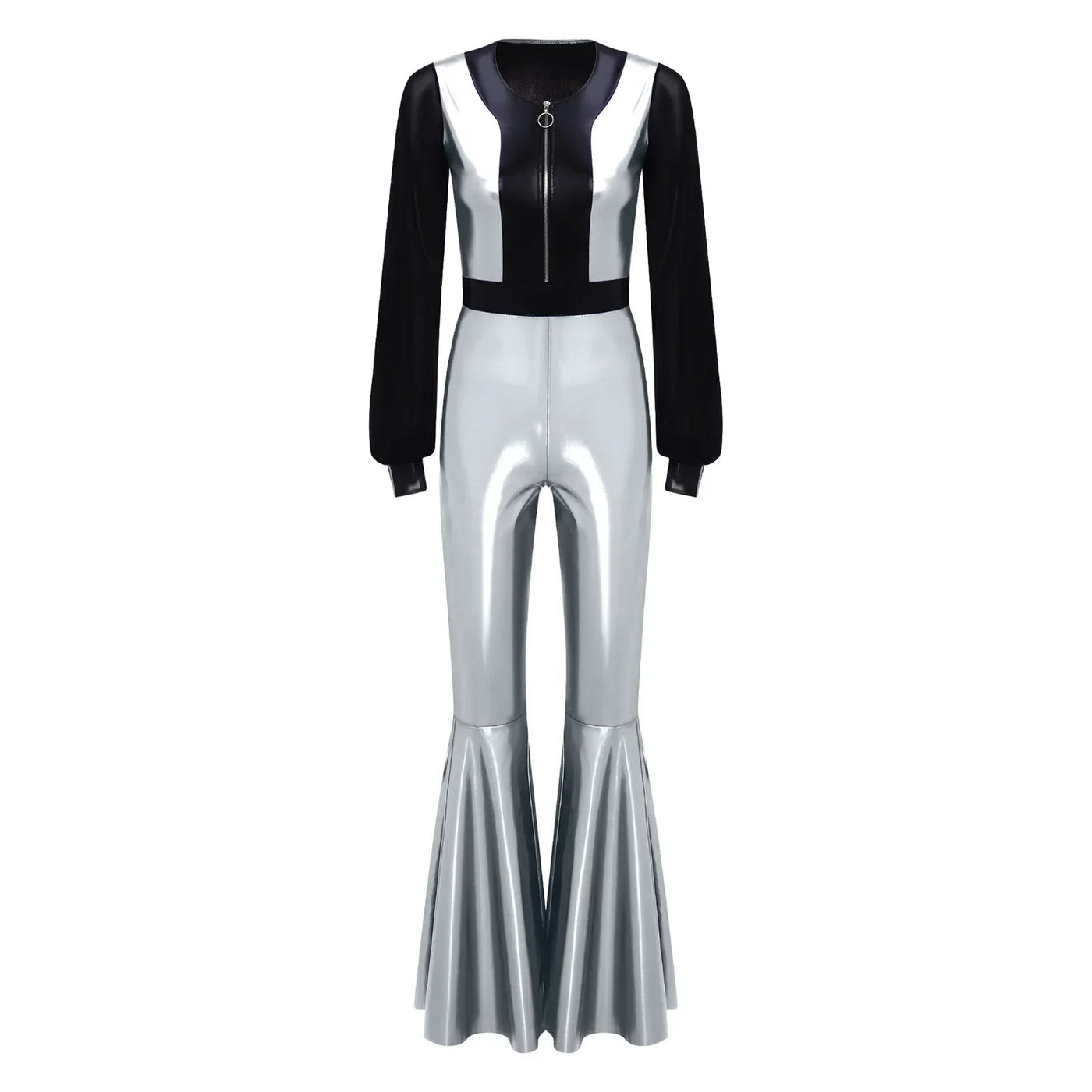 Womens Vintage 70s 80s Disco Dance Jumpsuit Mesh Long Sleeve Bell Bottom Pants Metallic Shiny Rompers Bodysuit Halloween Costume