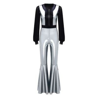 Womens Vintage 70s 80s Disco Dance Jumpsuit Mesh Long Sleeve Bell Bottom Pants Metallic Shiny Rompers Bodysuit Halloween Costume