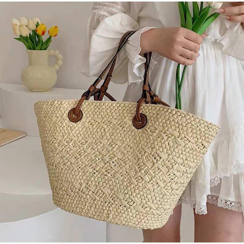 Designer Bohemian Chic Shoulder Bag,Solid Color Large Capacity Straw Woven Tote Bag,Nature-Inspired Beach Vacation Women Handbag