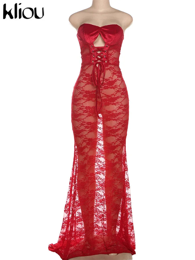 kliou Lace Patchwork Women Maxi Dress Sexy Coquette Drawstring Wrapped Chest Body-shaping Vestidos Female Stunning Clubwear Robe