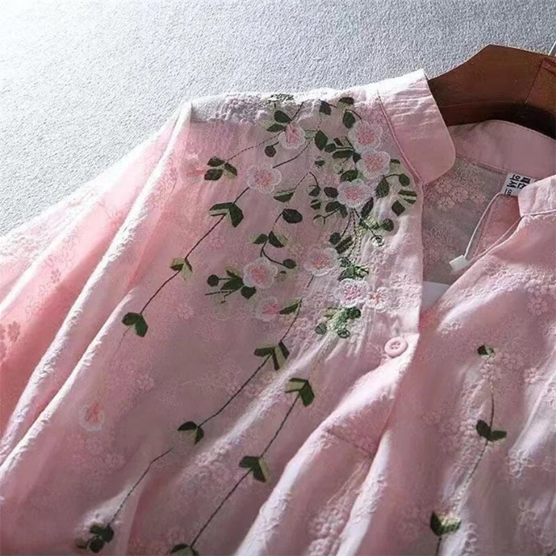 Literary Cotton Shirts For Women Embroidery Flowers Woman Blouses V-neck Half Sleeve Lace Blouses Summer Thin Top Female Shirt