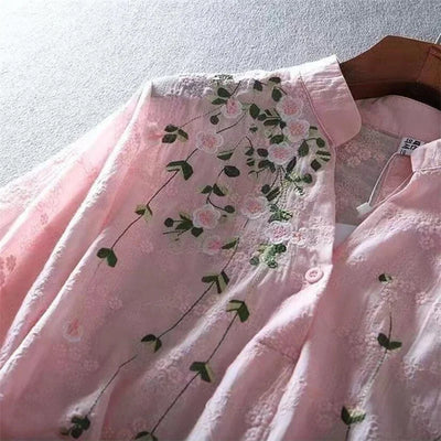 Literary Cotton Shirts For Women Embroidery Flowers Woman Blouses V-neck Half Sleeve Lace Blouses Summer Thin Top Female Shirt