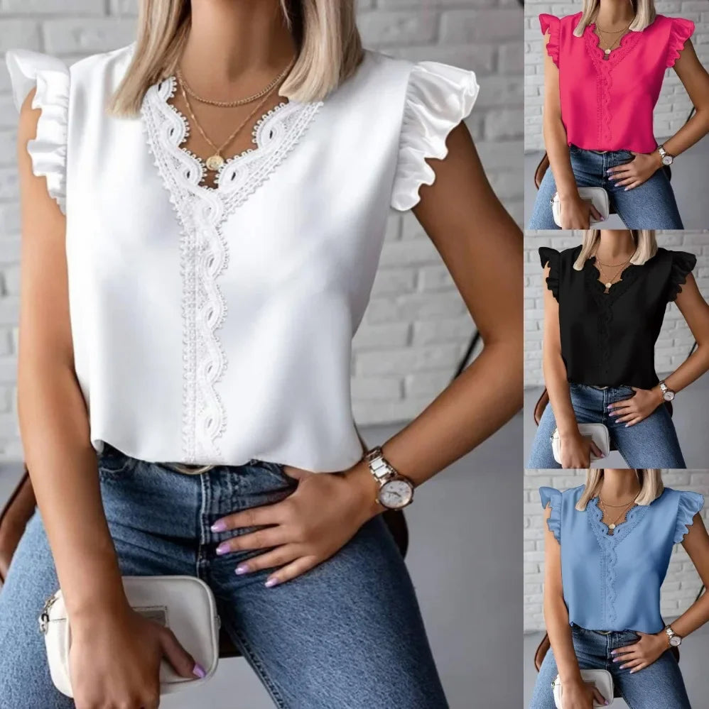 Sexy V Neck Sleeveless Lace Patchwork Blouse Shirts Summer Women Ruffle Loose Blouse Tops SZE-ST24019