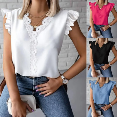 Sexy V Neck Sleeveless Lace Patchwork Blouse Shirts Summer Women Ruffle Loose Blouse Tops SZE-ST24019