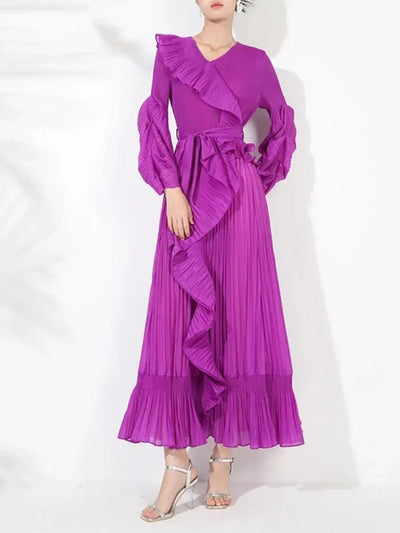 Women's V Neck Ruffles Splice Lantern Sleeve High Stretch Oversized Dresses Miyake Maxi Pleated 2025 Spring Long Party Clothing