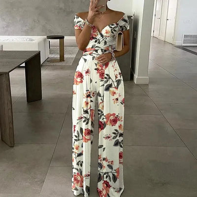 Women's Fashion Printed Casual High Waist Jumpsuit Ladies Sexy Off Shoulder Flower Short Sleeve Wide Leg Jumpsuit Woman Rompers
