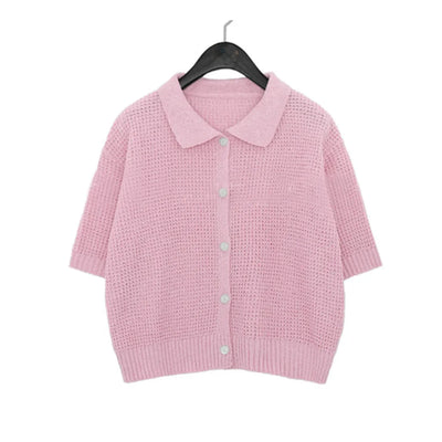 Women's Shirt Knit Solid-colored Short-sleeved Sweaters Tops All-match Pullovers T-shirt Polo-neck Crop Tops Girl's Tees Summer