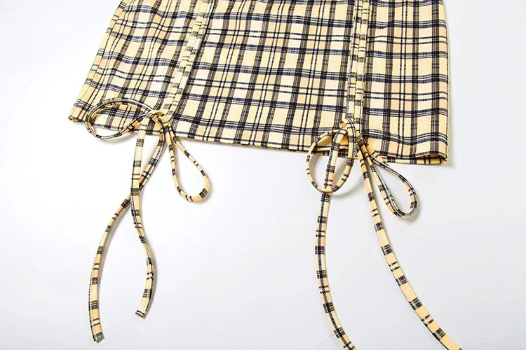 Whatiwear Street Fashion 3 Piece Set Women Polo-Neck Single-Breasted Blouse+Halter Bra+Plaid Print Shirring Skirts Y2K Style Set