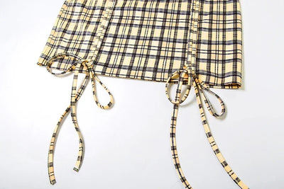 Whatiwear Street Fashion 3 Piece Set Women Polo-Neck Single-Breasted Blouse+Halter Bra+Plaid Print Shirring Skirts Y2K Style Set