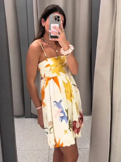 ZBZA Women's Suspender Print Dress Straight Neckline Spaghetti Straight Straps Zip Beach Mini Skirt Summer New Female Chic Dress