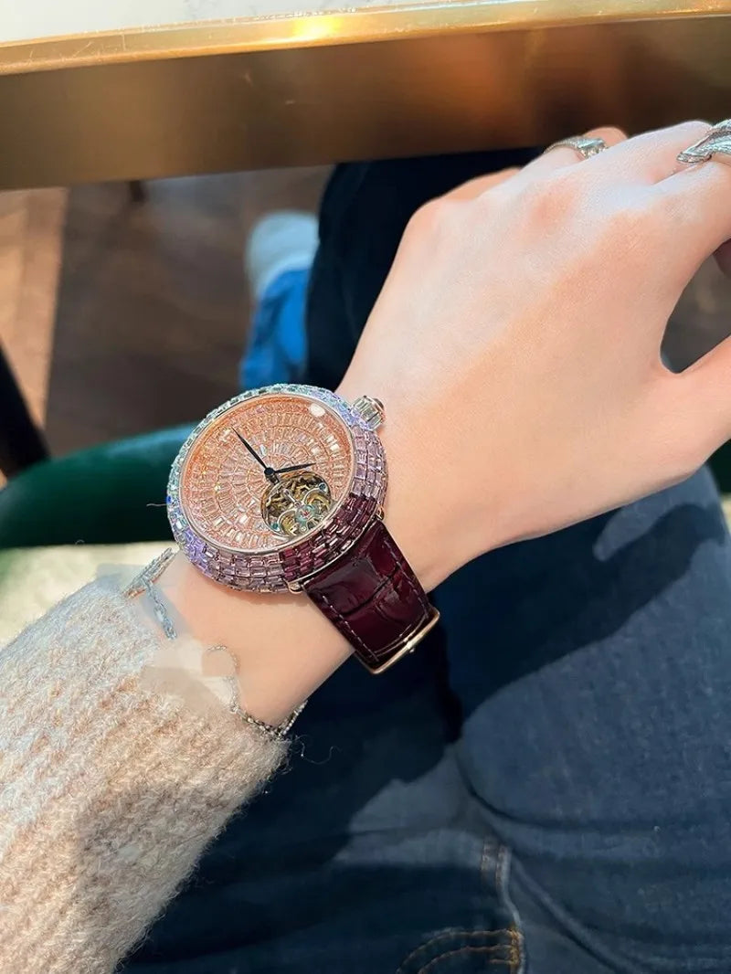 Ladies Fashion Mechanical Watch Designer New Elegant Luxury Diamonds Genuine Leather Strap Needle Buckle Women Fine Wristwatch