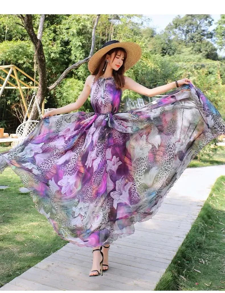2023 New Floral Summer Sleevelss Suspender Maxi Dress for Women Sexy Backless Beach Purple Boho Robe Femme Sundress Dress Photo