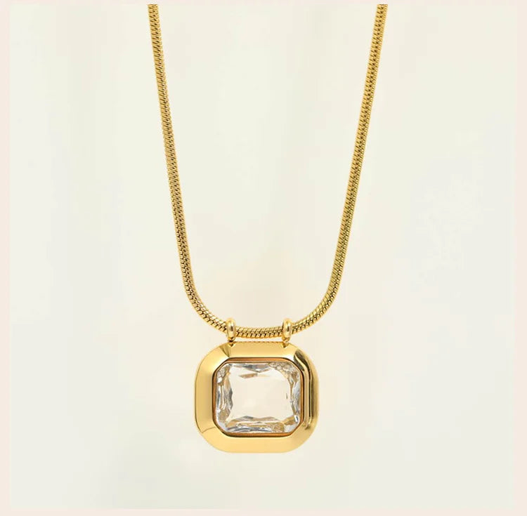 Square Solitaire Pendant Cubic Zirconia Necklace for Women, Stone Snake Link Adjustable, Stainless Steel Jewelry