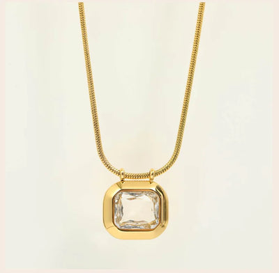 Square Solitaire Pendant Cubic Zirconia Necklace for Women, Stone Snake Link Adjustable, Stainless Steel Jewelry