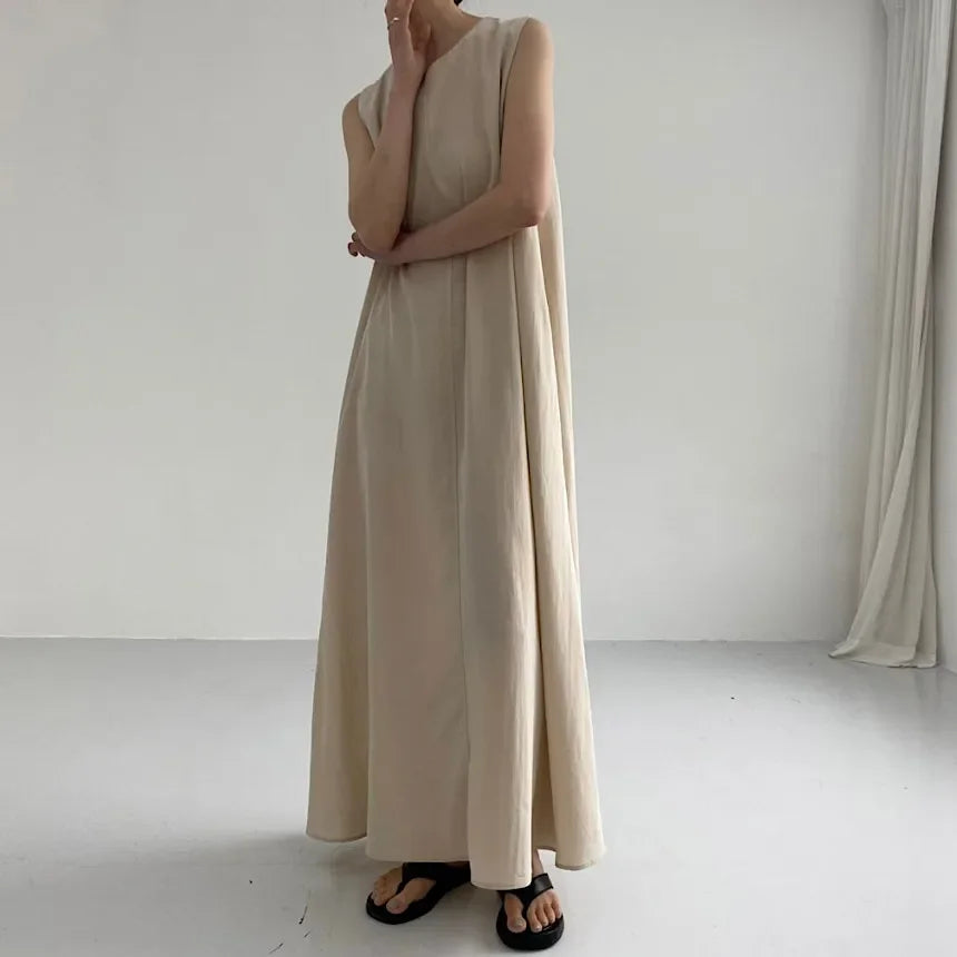 REALEFT Summer Women Maxi Dress 2024 New Solid Color Elegant Pockets Loose Waist Sleeveless Casual Summer Dresses Female