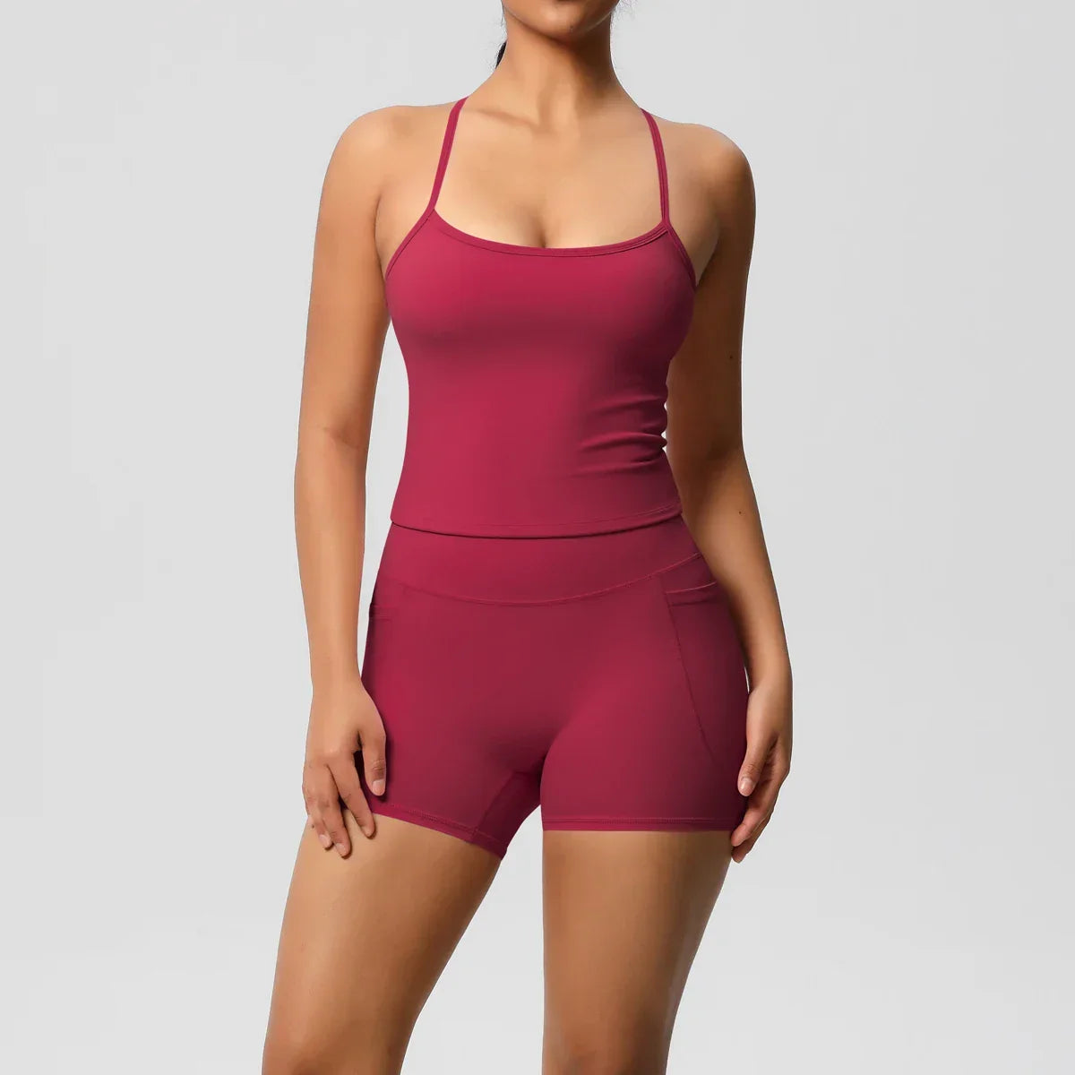 2PCS Sportswear With Pocketed Yoga Set Gym Clothes Yoga Suits For Women Tracksuits Sports Shorts Crossover Bra Gym Leggings