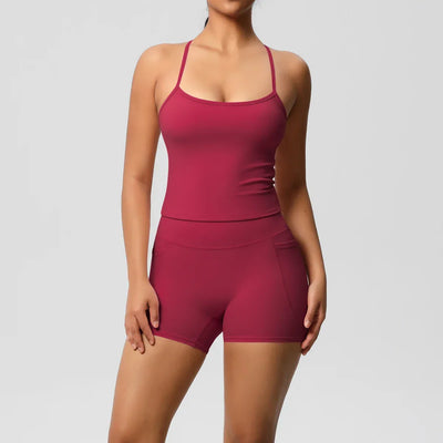 2PCS Sportswear With Pocketed Yoga Set Gym Clothes Yoga Suits For Women Tracksuits Sports Shorts Crossover Bra Gym Leggings