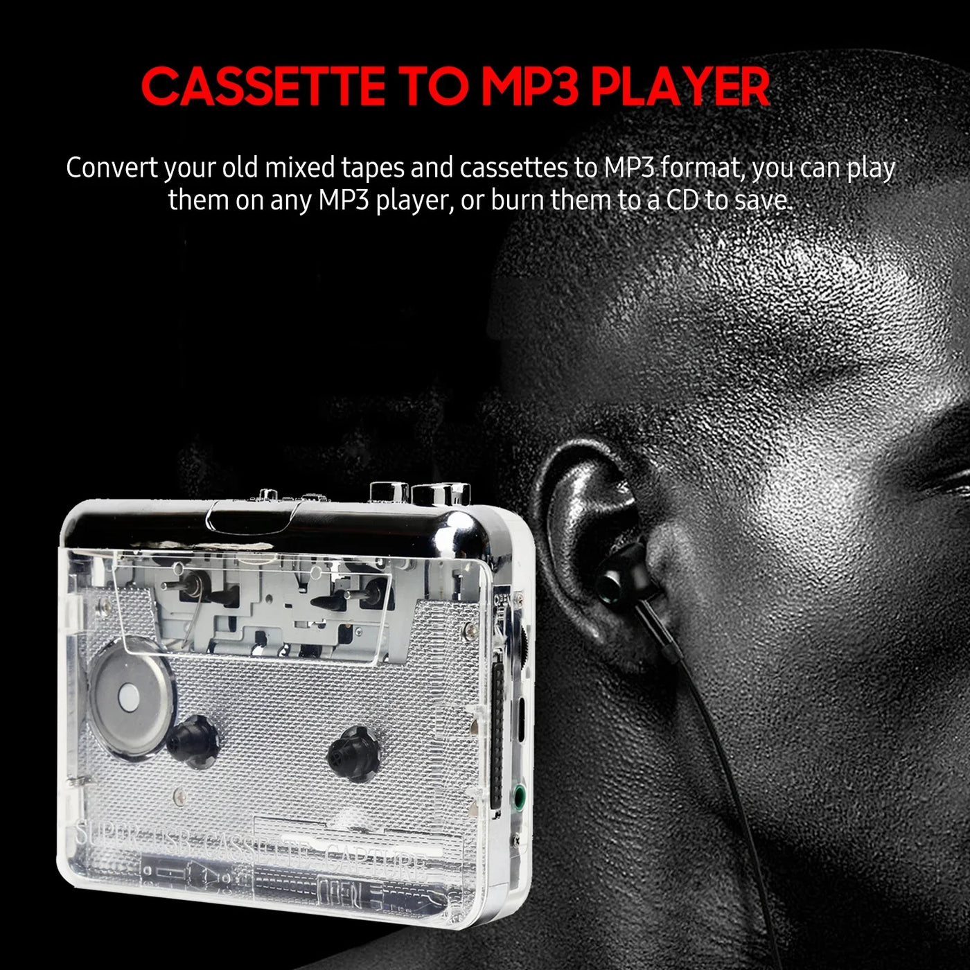 TON010 Cassette Player Portable Tape Recorder To Mp3 Full Transparent Shell USB Cassette Capture To MP3 Format Tape Music Player