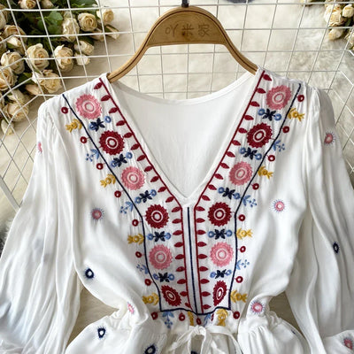 Boho Dress for Women Embroidery Floral Print V-neck Elastic Waist Lace-up Dresses with Belt Summer Vestidos Folds Dropshipping