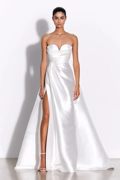 Satin Off shoulder Bride Wedding Dress White High Slit Ball Gown Sweetheart Sleeveless Ivory White Garden Beach Wedding