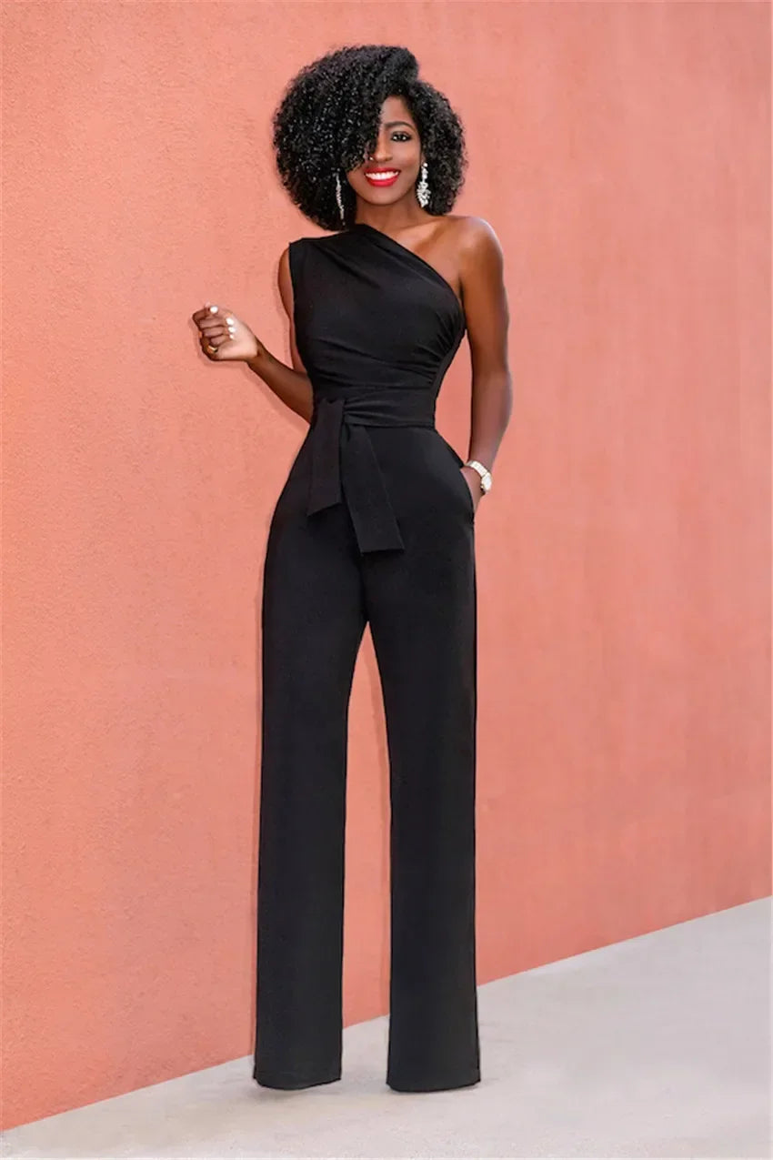 Women's Jumpsuit Solid Skew Collar Crop Top Straight Pants Belt Sexy Sleeveless Loose Pants Elegant Charming Playsuits 2024