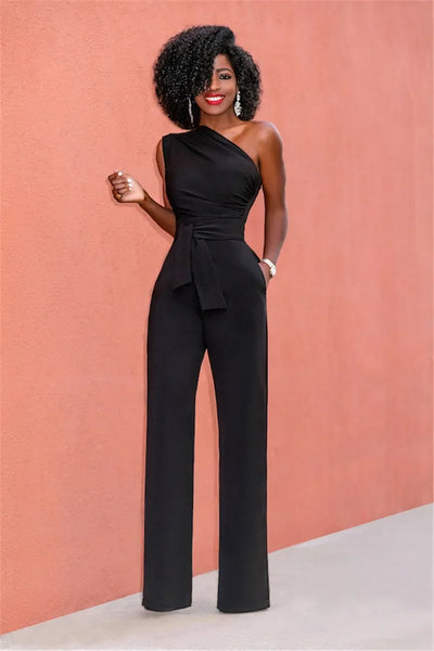 Women's Jumpsuit Solid Skew Collar Crop Top Straight Pants Belt Sexy Sleeveless Loose Pants Elegant Charming Playsuits 2024