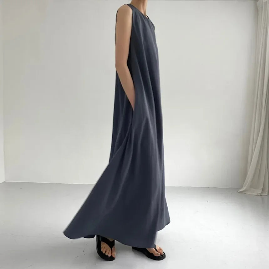REALEFT Summer Women Maxi Dress 2024 New Solid Color Elegant Pockets Loose Waist Sleeveless Casual Summer Dresses Female