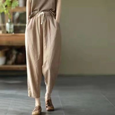 2024 Spring Summer Cotton Linen Pants Women Solid Color Casual Ankle-length Pant Woman Lace-up Waist Loose Trousers