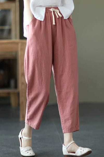 2024 Spring Summer Cotton Linen Pants Women Solid Color Casual Ankle-length Pant Woman Lace-up Waist Loose Trousers