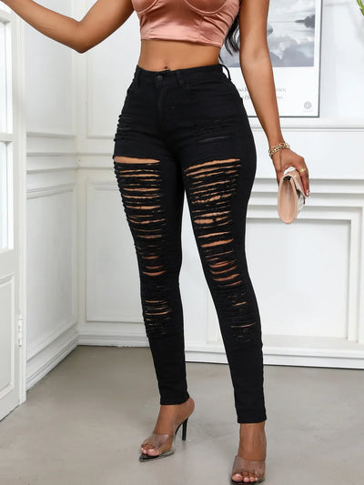 Women's Spring and Fall Fashion Elastic Ripped Jeans Women Casual Close-fitting High-waisted Denim Small Leg Pants Pencil Pants