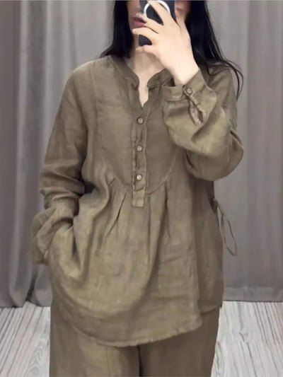Women's 2 Piece Set Fashion Office Lady Cotton Linen Long-sleeve Casual Loose Wide-leg Pants Suit 2024 Spring Autumn Women Sets