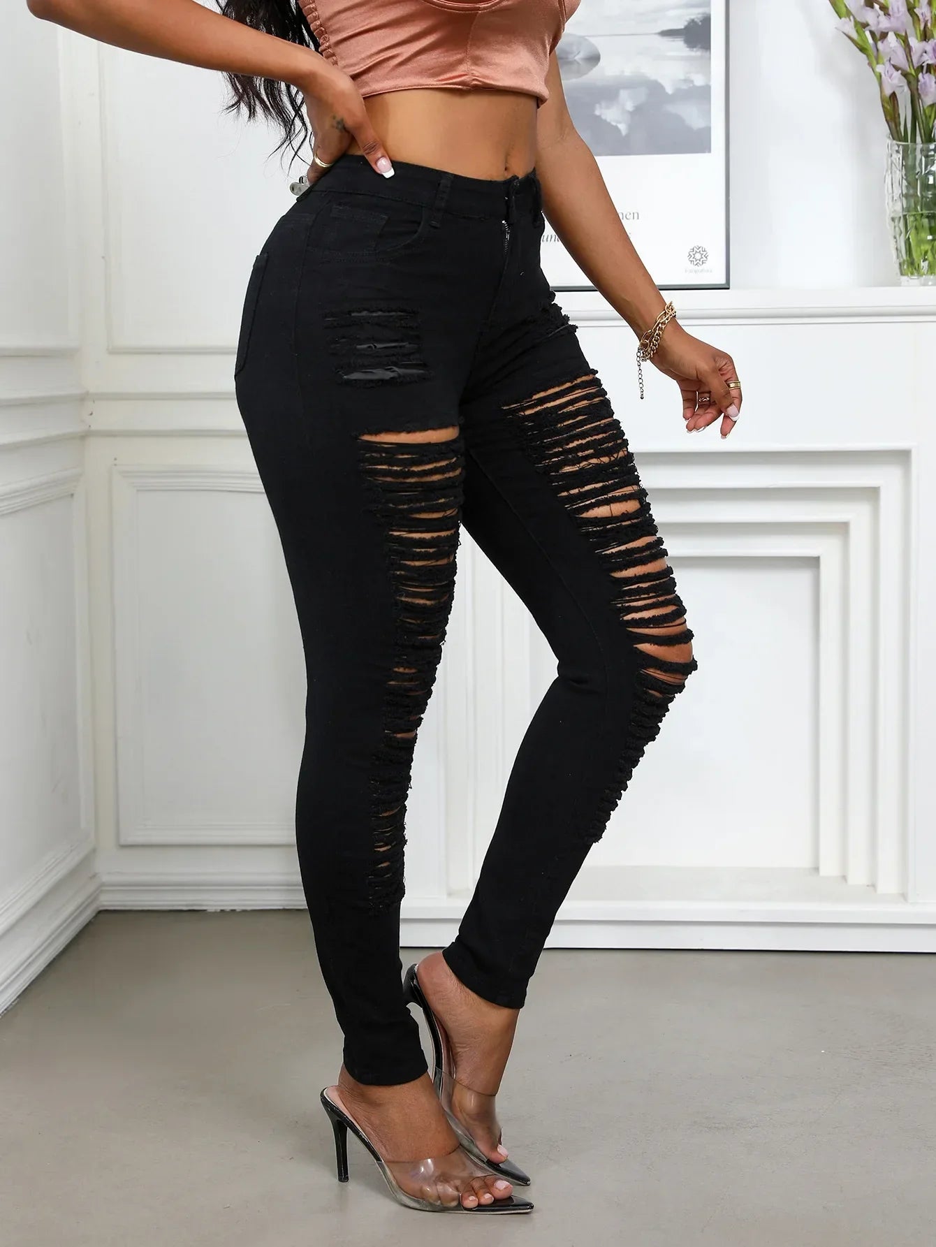 Women's Spring and Fall Fashion Elastic Ripped Jeans Women Casual Close-fitting High-waisted Denim Small Leg Pants Pencil Pants