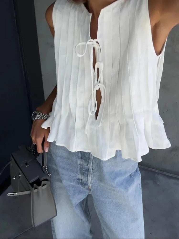Fashion Bow Lace Up Shirts Women Cotton Linen Hollow Out Sleeveless Pleated Blouses Woman 2025 Summer New Casual Lady White Tops
