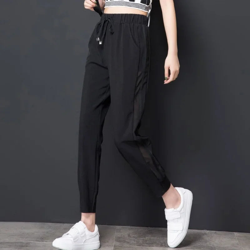 Ice Silk Summer Sweat Home Sports Pants for Women Joggers Jogging Black Cropped Trousers Harem Sarouel Sweatpants Ripped Fashion