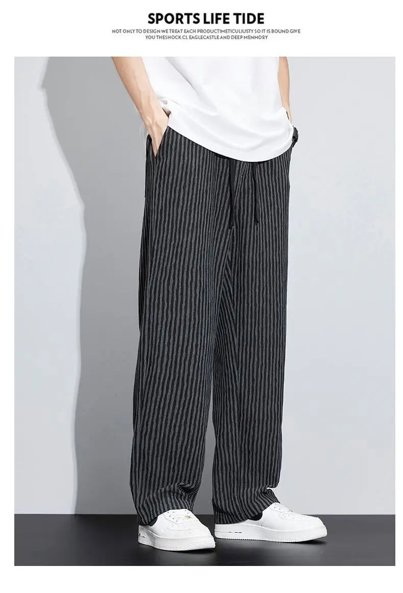 New Men's Trousers with a Sense Design Featuring Unique Stripe Pattern Hanging Wide-leg Loose Straight Casual Long Pants