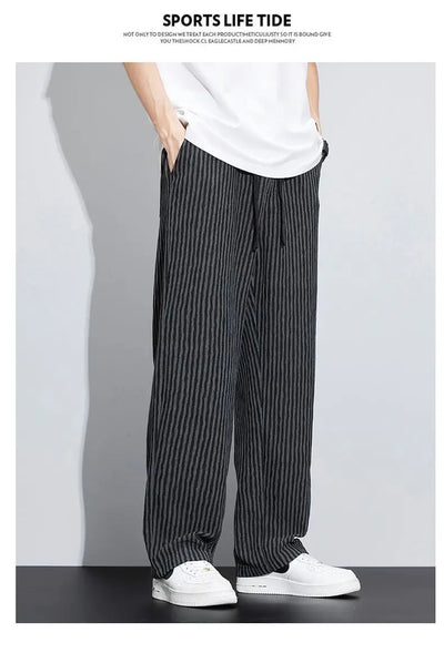 New Men's Trousers with a Sense Design Featuring Unique Stripe Pattern Hanging Wide-leg Loose Straight Casual Long Pants