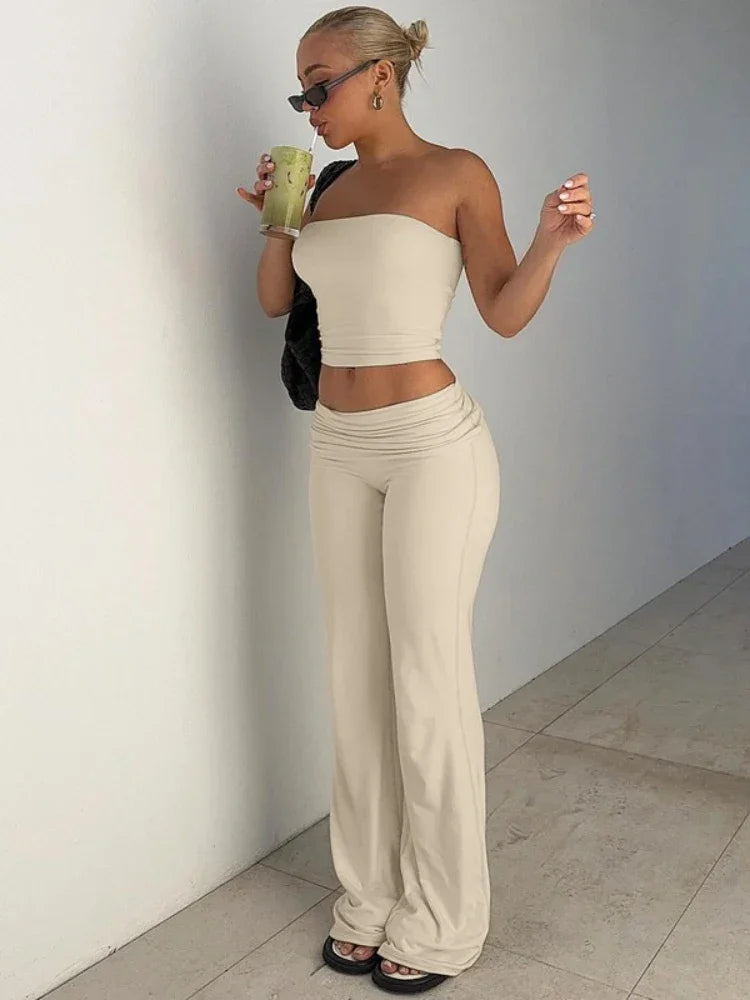 Women's Clothing 2025 Spring Fashion New Item Solid Color Strapless Top Flared Pants Fashionable Slim Fit Sports Suit for Women