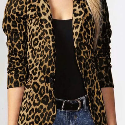 Women Casual Leopard Print Cardigan Jacket Coat Button Outwear Thin Blouses V-Neck Slim Polyester Spandex Women's Blazer