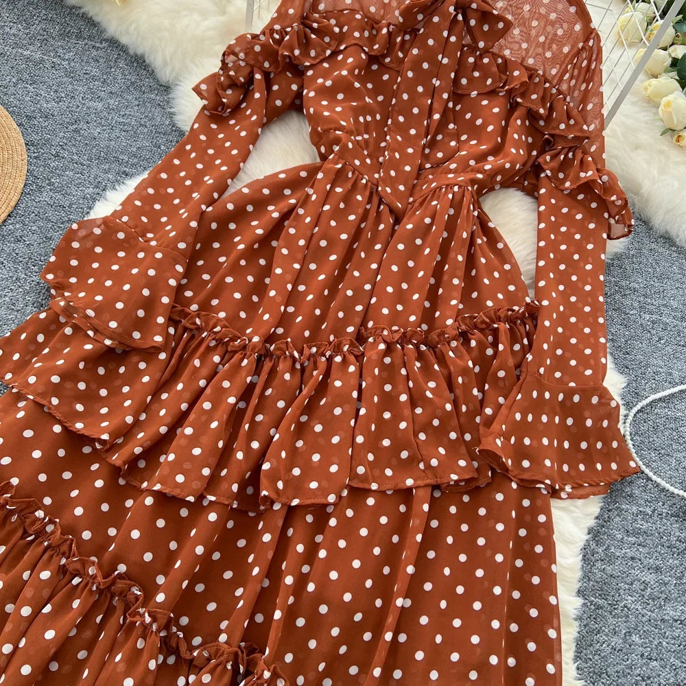Dot Dress Women Long Dresses Print Chiffon Lace Up Flare Sleeve A Line Vestidos Streetwear Elegant Splice Y2k High Waist Party