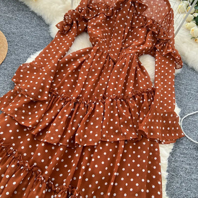 Dot Dress Women Long Dresses Print Chiffon Lace Up Flare Sleeve A Line Vestidos Streetwear Elegant Splice Y2k High Waist Party