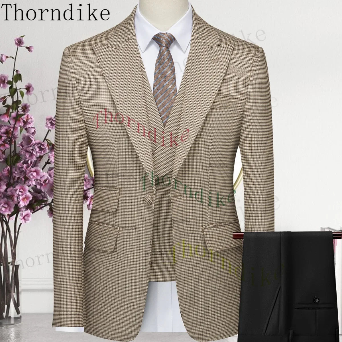 Thorndike Hot Sell Khaki Plaid Custom Made Classic Groom Tuxedo Groomsmen Best Man Suit Wedding Men's Blazer+Vest+Pants Costume