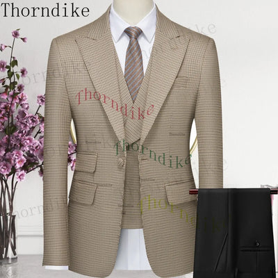 Thorndike Hot Sell Khaki Plaid Custom Made Classic Groom Tuxedo Groomsmen Best Man Suit Wedding Men's Blazer+Vest+Pants Costume